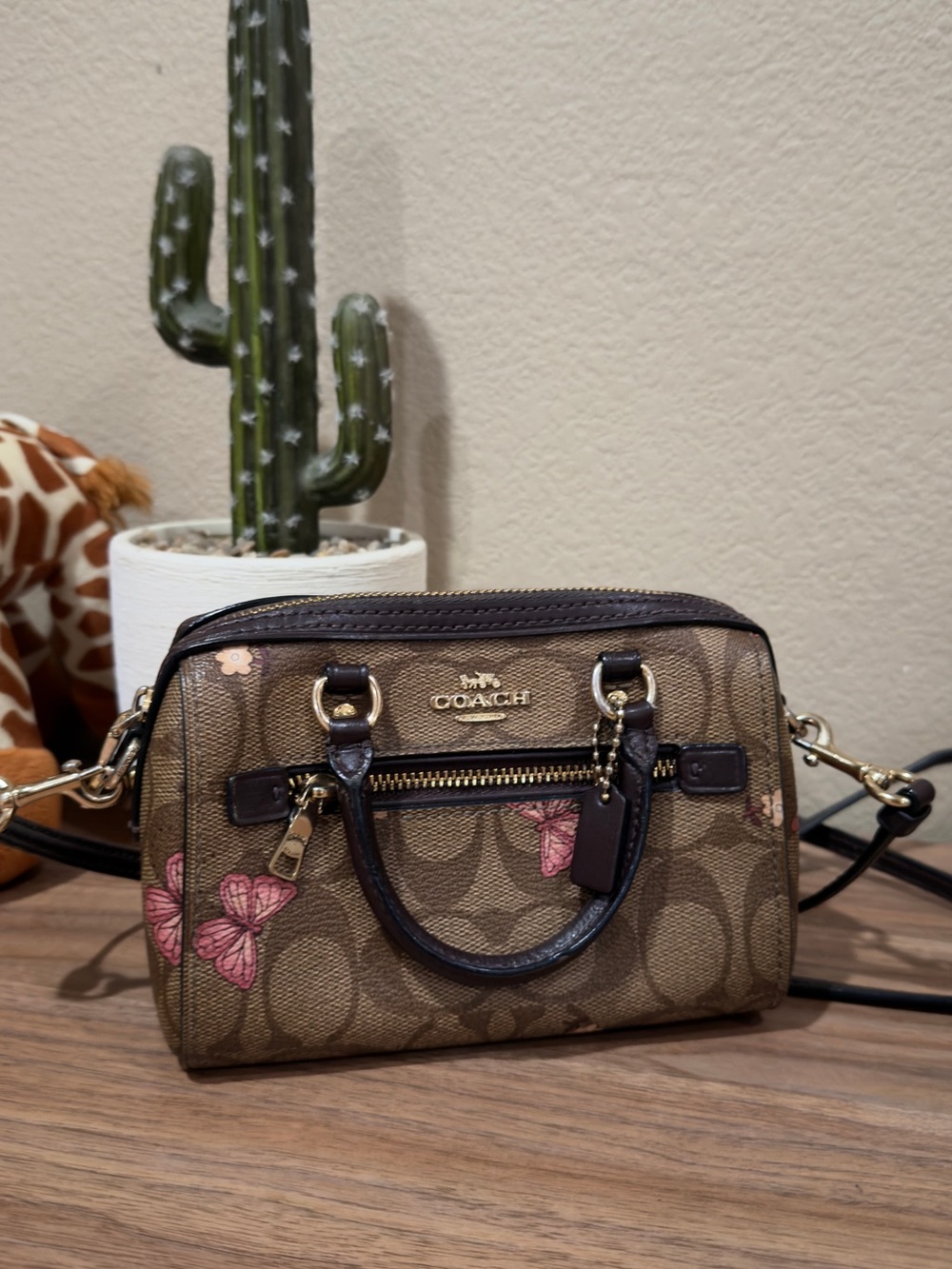 Coach Brown Signature Canvas Mini Satchel with Pink Butterfly Accents